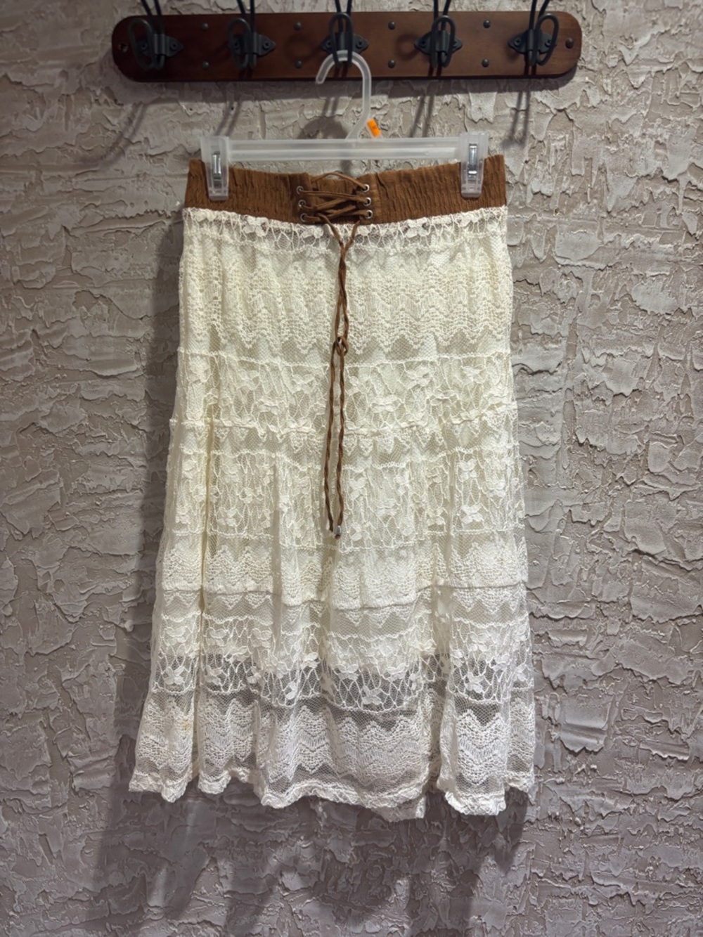 Lapis Cream Lace Tiered Midi Skirt with Tan Waistband